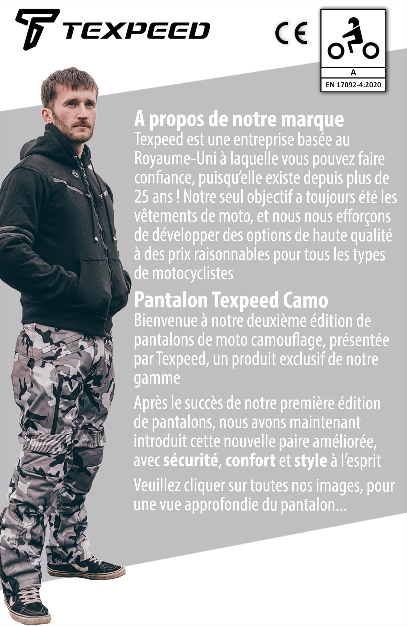 Texpeed Pantalon de moto homme renforcé - Gris Camouflage Imperméable - Avec armure CE blindé protection (EN 1621-1) - L Taille/Jambe Longue
