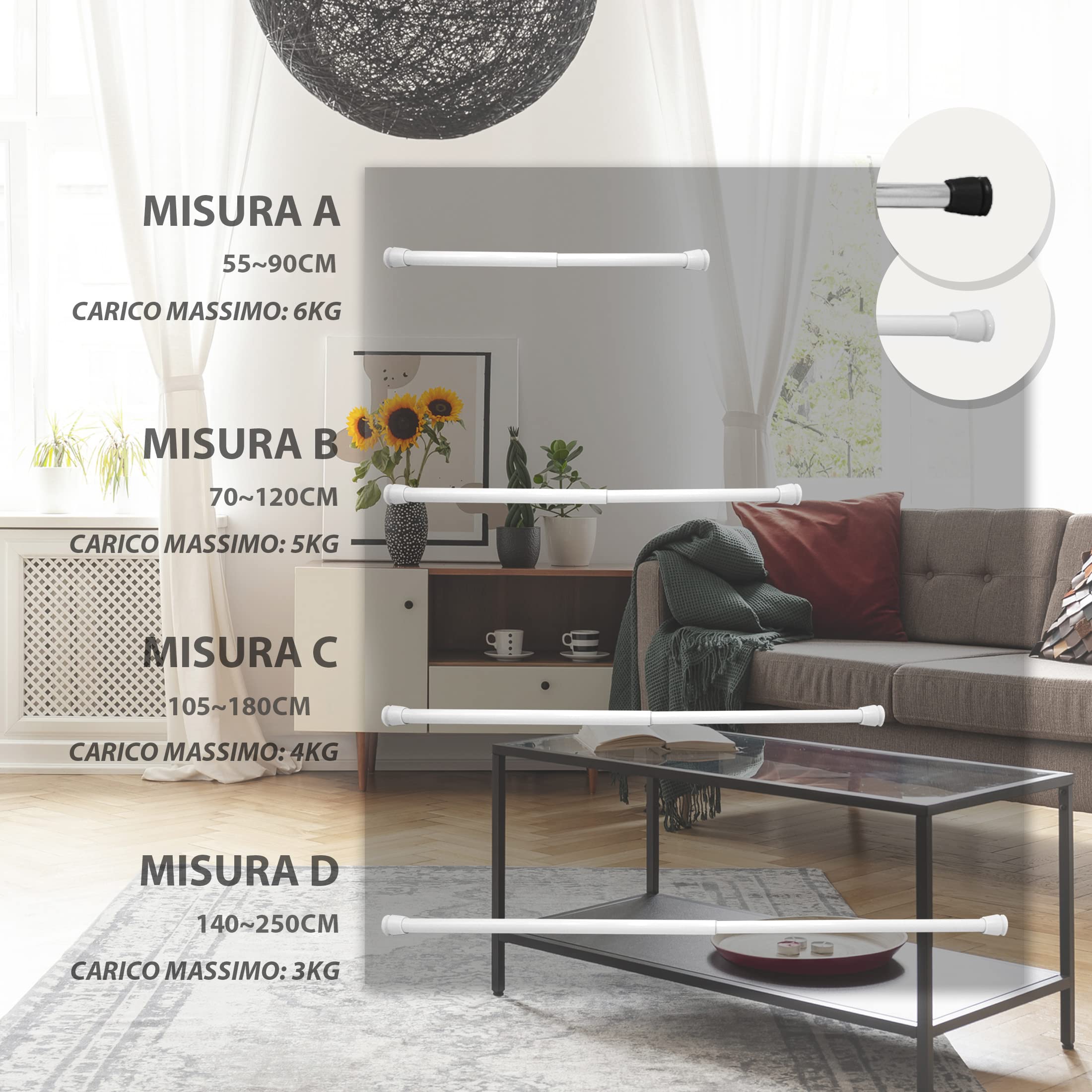 Levivo Asta per tende, utilizzabile anche come asta doccia o asta appendiabiti, lunghezza variabile semplicemente estendendo l'asta telescopica, in alluminio cromato, 105-180 cm, Bianco