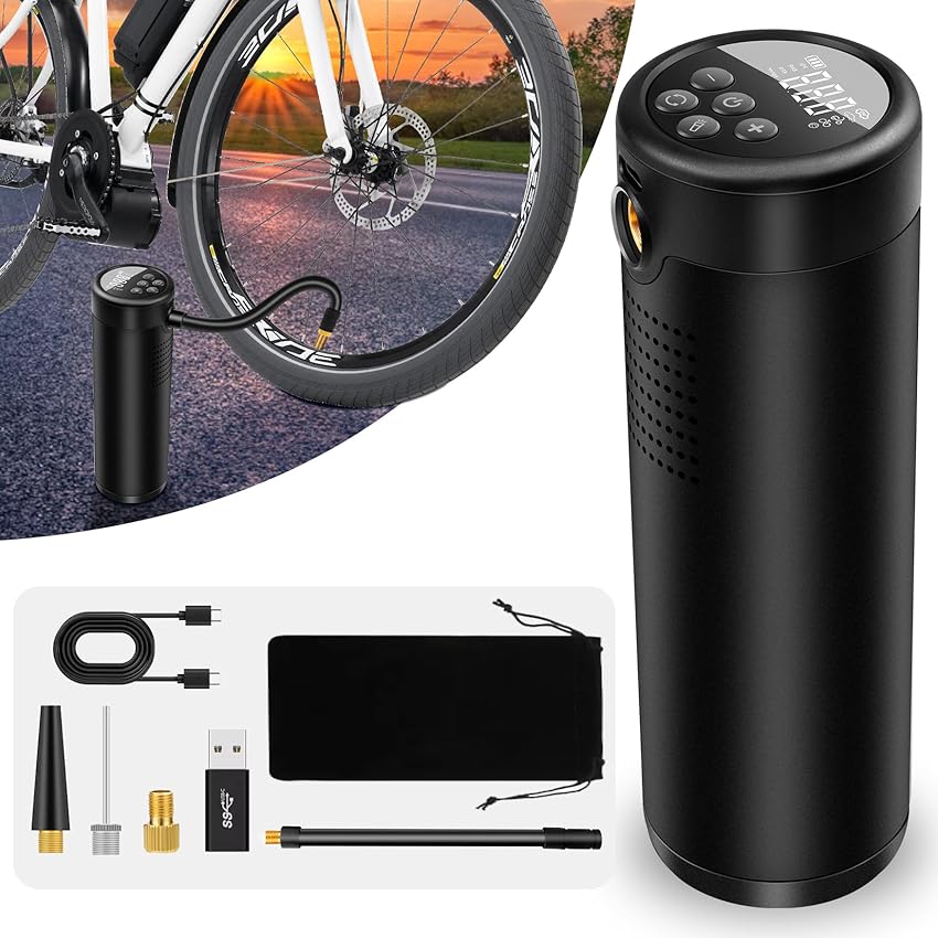 Immagine del prodotto DeeprBlu Pompa Bicicletta Elettrica, Compressore d'Aria Portatile per Pneumatici con Valvola Presta e Schrader, Pompa Elettrica Bici con Torcia da 600 Lumen, Gonfiatore Auto Batteria per Moto, Palla