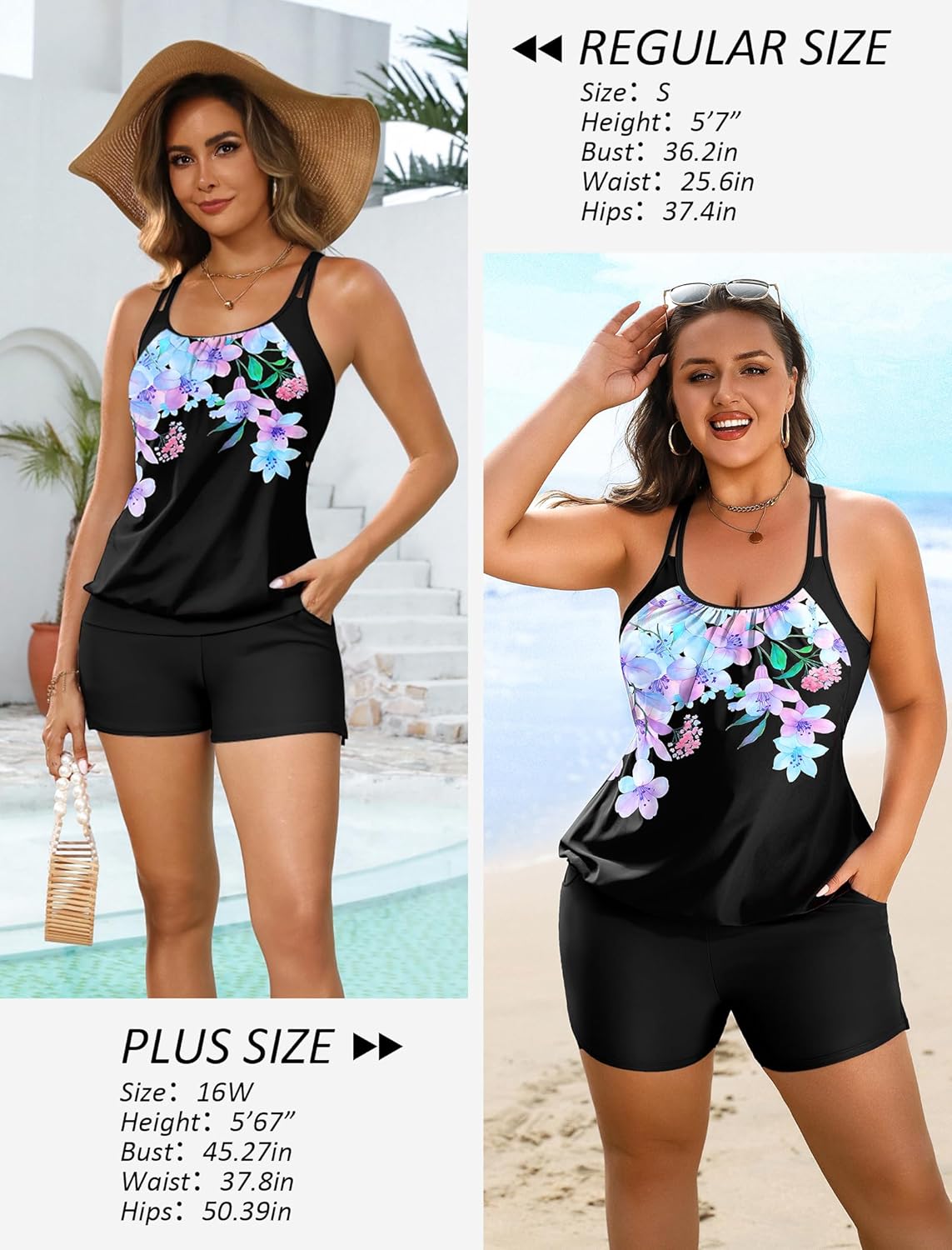 Arolina Tankini Swimsuits for Women Modest Two Piece Blouson Bathing Suit Tank Top with Boy Shorts Pockets (S-24W)