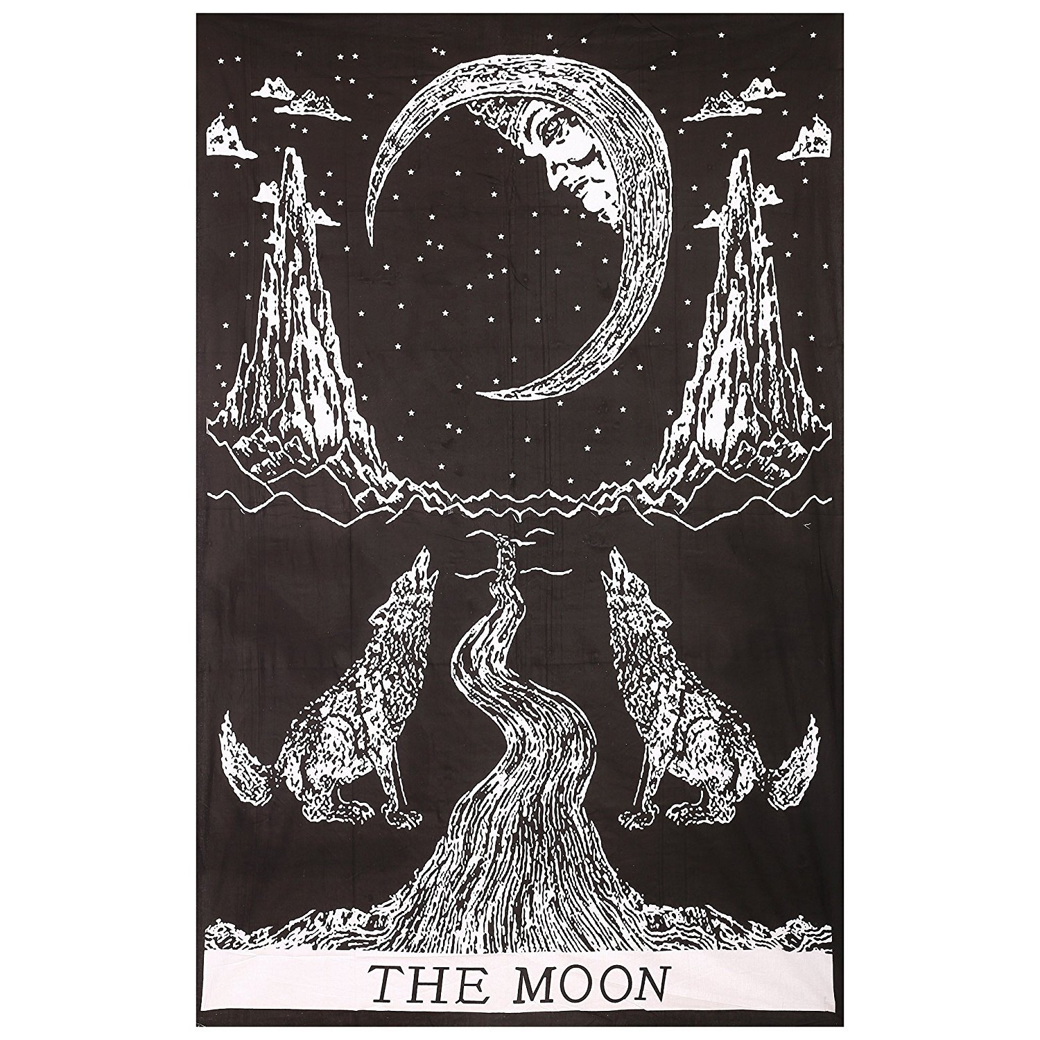 Crying Wolf of The Moon Tapestry Black and White Wall Hanging Bohemian Hippie Ethnic Wall Art Boho Hippy Twin Bedspread Dorm Decor Yoga Mat Beach Rugs Towel Meditation Tapestrie