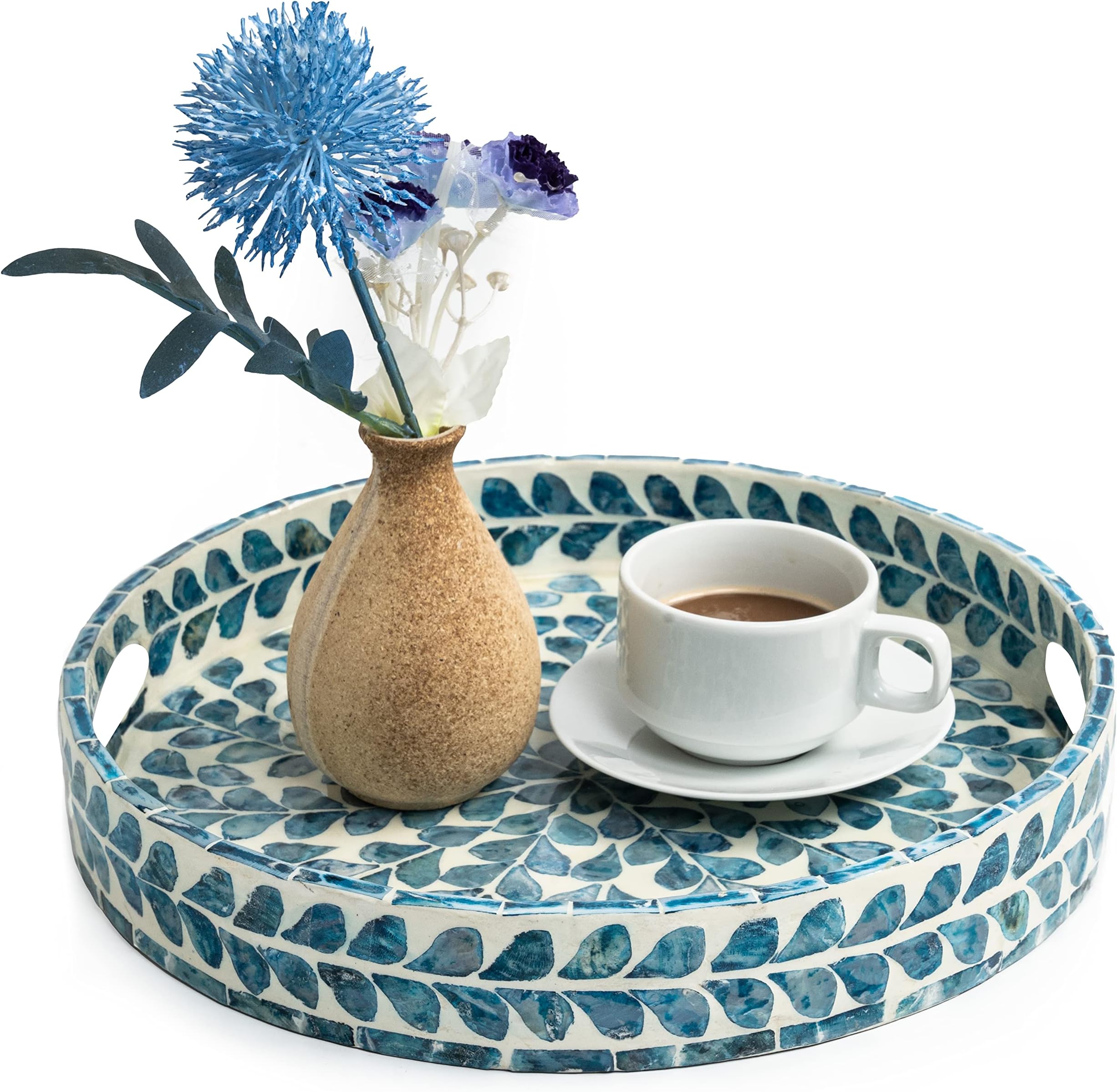 - CLAYNIX Serving Tray 12.5 Inch, Lacquer Mother of Pearl Inlay Mosaic Tray, Round Wooden Marble Tray with Handles Trays for Tea, Breakfast (Leaf Style)