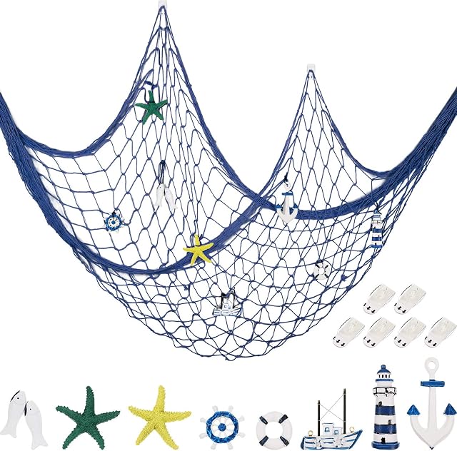 Decorative Fishnet Nautical Fishing Net Wall Hanging Decor, 8 Pieces Starfish, Sailboat, Lighthouse, Life Ring, Rudder, with Transparent Hook for Mermaid Mediterranean Party (Blue)