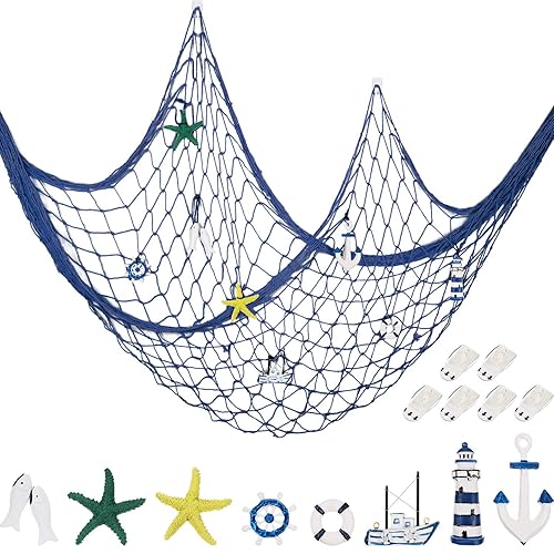 Decorative Fishnet Nautical Fishing Net Wall Hanging Decor, 8 Pieces