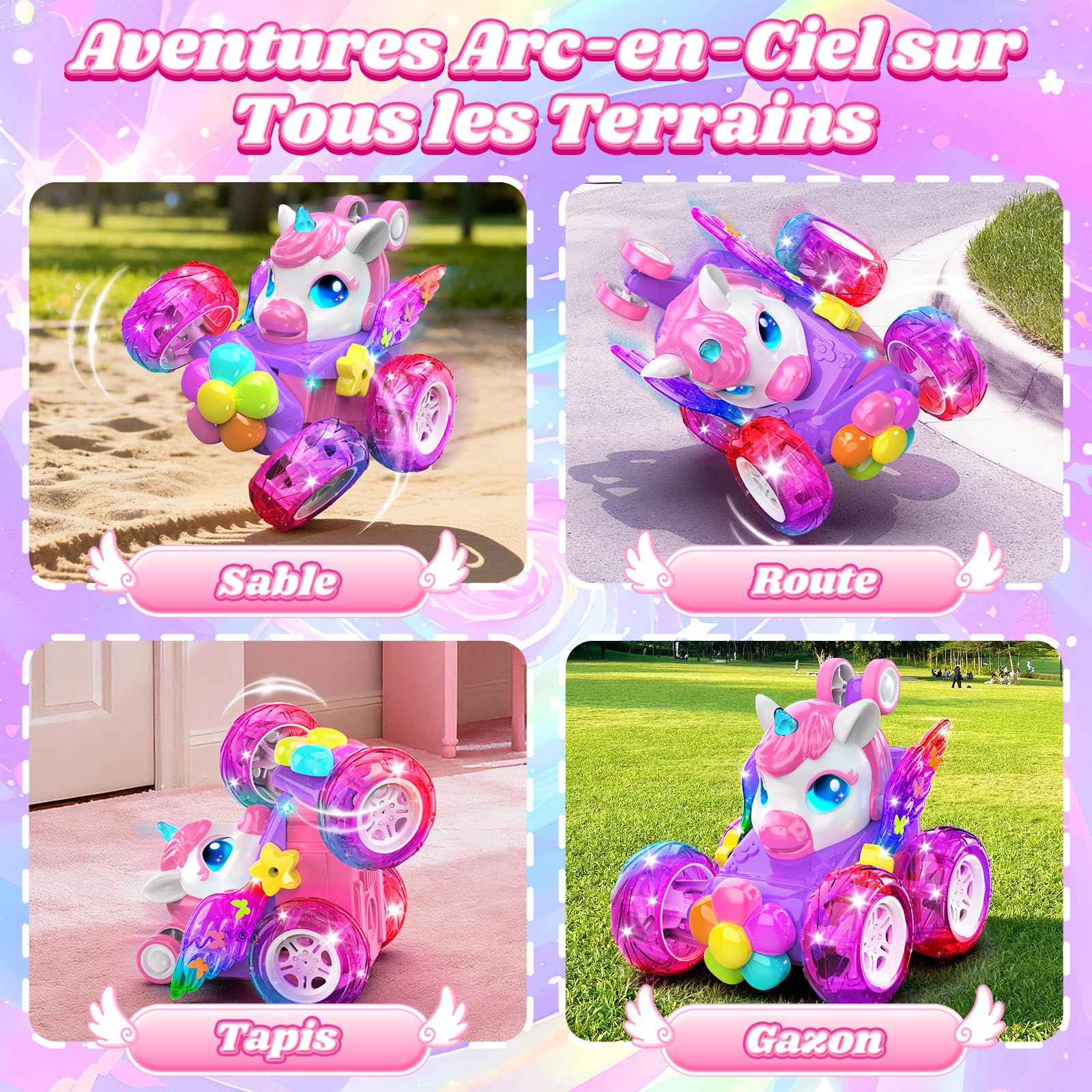 Kidluna Voiture Telecommandé Enfant RC Stunt Car avec Lumière LED & 360° Rotation, Licorne Jouet Fille 3-12 Ans Voiture Télécommandée Cadeau Fille 3 4 5 6 7 8 9 10 11 12 Ans Jeux Exterieur Enfant