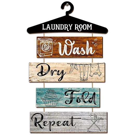 5 Pieces Laundry Room Wall Sign Rustic Laundry Room Rules Hanging Sign Wooden Wash Dry Fold Repeat Laundry Plaque Vintage Farmhouse Laundry Rules Wall Decor 19.7 x 11 Inch (Multicolored Backing)