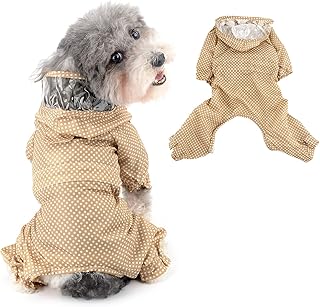 Ranphy Cute Puppy Dog Raincoat Four-Legged Waterproof All-Inclusive with Hat Waterproof Rain Jacket with Polka dot and Leash Hole Small and Medium Dogs Pet Poncho Clothes, Beige, XL