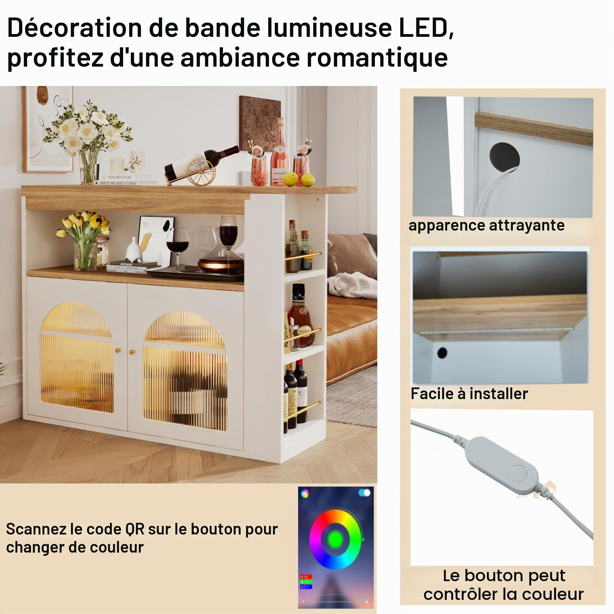 Table de bar moderne extensible avec espace de rangement - Table de bistrot pivotante - Pour salle à manger - Avec LED de 1 m de long - Blanc