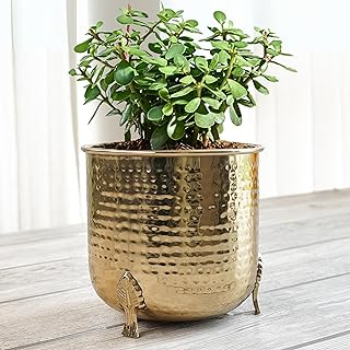 BEHOMA Metal Hammered Planter for Home Decor Decorative for Indoor Outdoor Balcony Living Room Table Decorative Plant Pot for Gifting Size Height- 6" x Dia. 6" inch Golden (Plant Not Included)