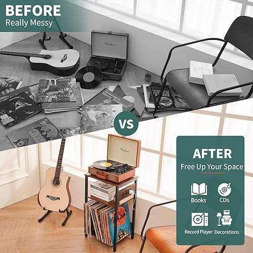 Miniatura 7 de Yoobure Soporte para tocadiscos, mesa auxiliar de 3 niveles con estación de carga, mesita de noche pequeña para almacenamiento de vinilo, mesita de