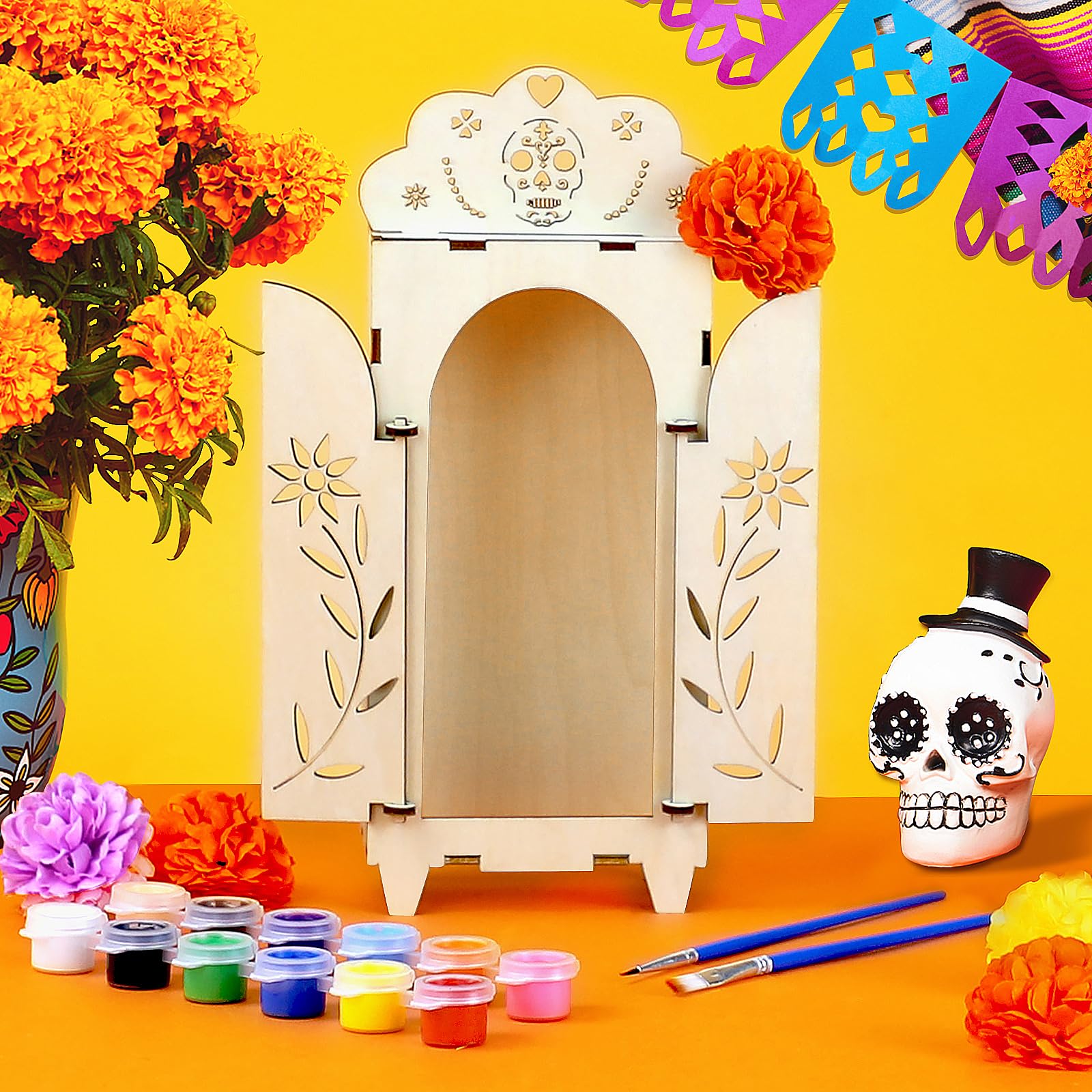 OPELETNNT Dia De Los Muertos Altar Shadow Box - Wooden Day of The Dead Ofrenda Shadow Box - Crafts Ofrenda Decorations - DIY Skull Papel Picado Mexican Picture Frames Shrine Box (1PCS)
