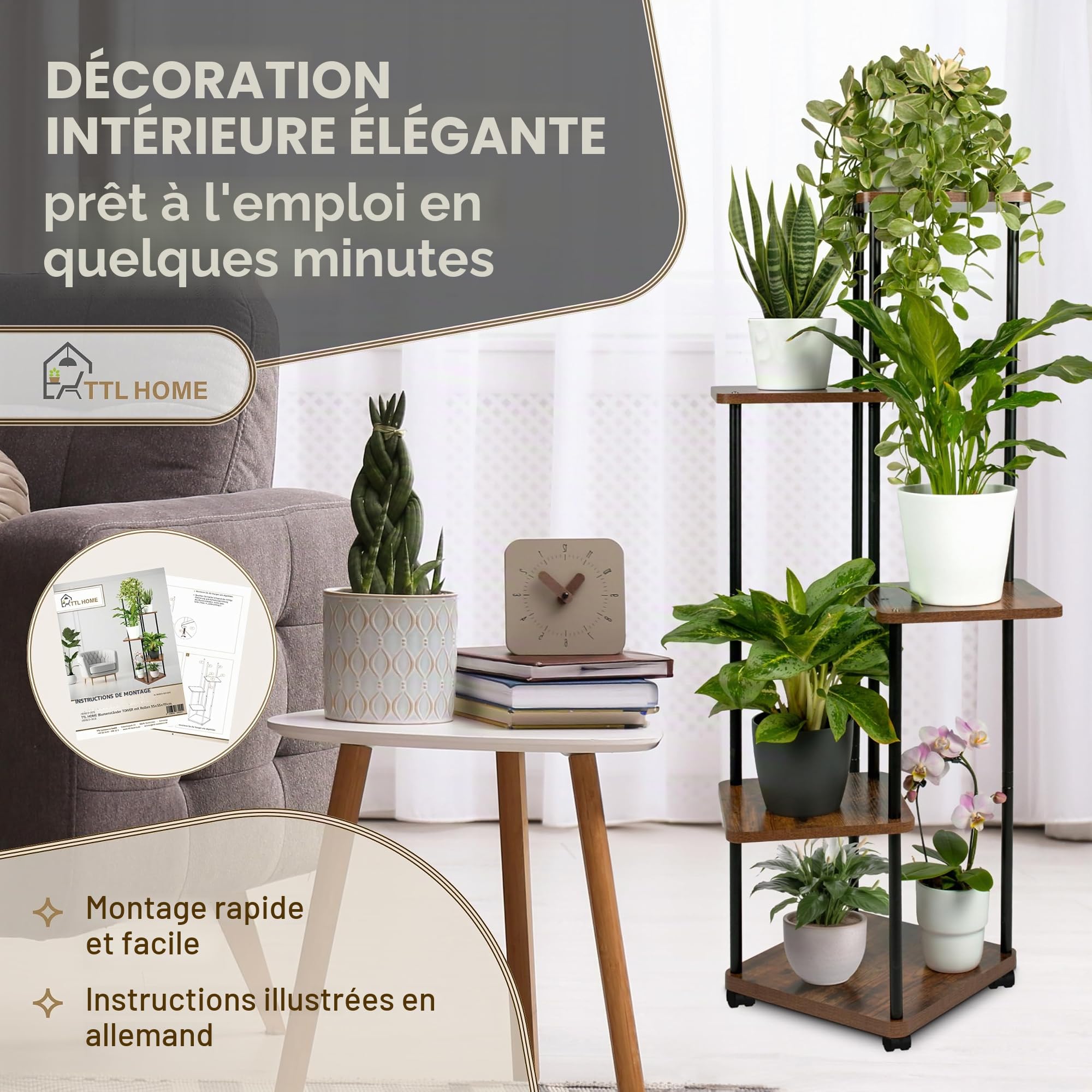 TTL HOME TOWER Étagère à plantes avec roulettes 5 étages – Étagère à fleurs 112 cm de haut pour salon – Support design en bois de chêne et métal noir – Escalier à fleurs & étagère intérieure