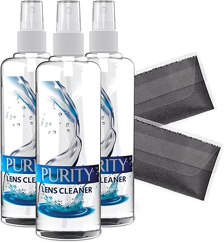 Purity - Kit de spray limpiador de lentes de lentes 3 botellas de spray limpiador de lentes de 8 onzas + 2 paños de microfibra para limpieza