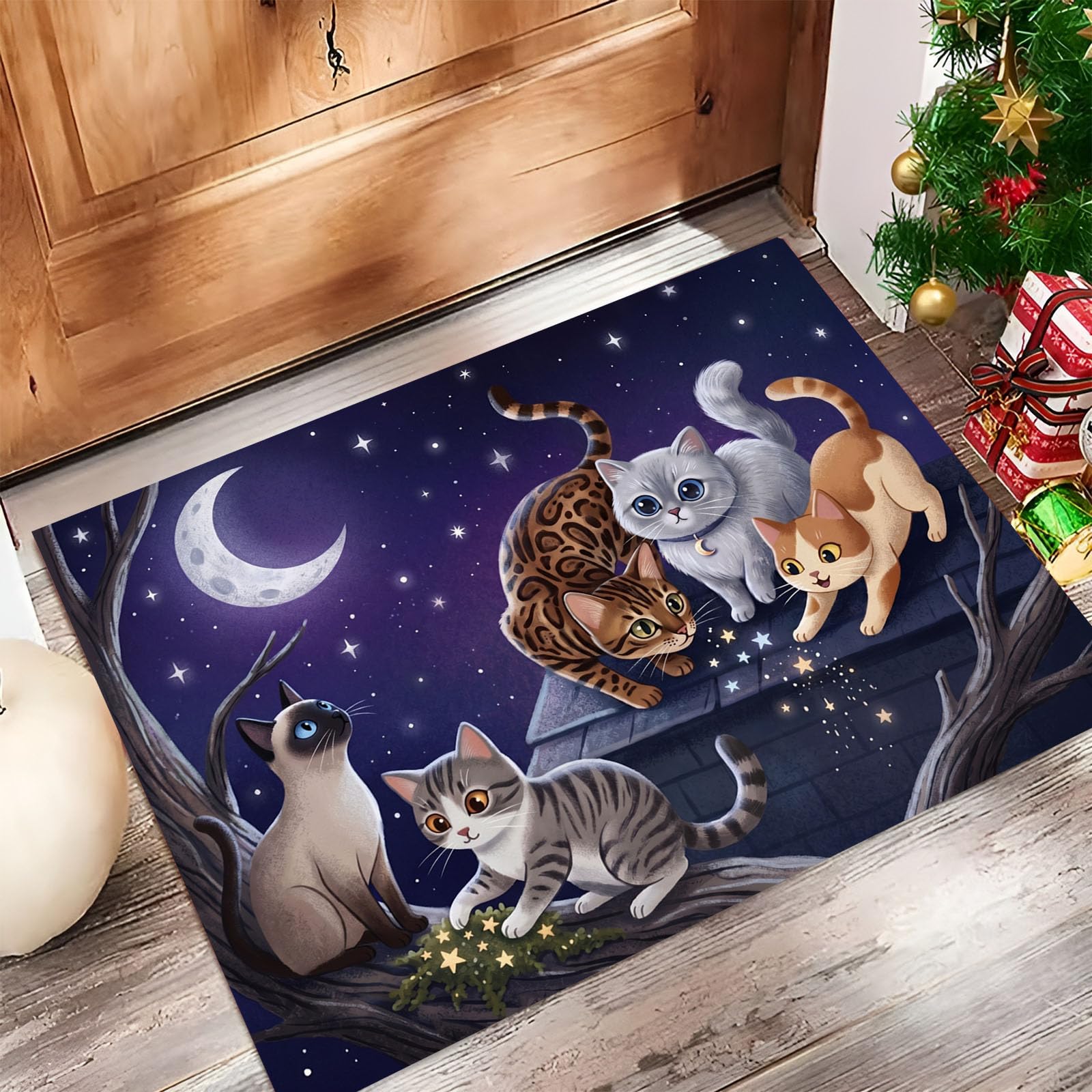 90X150Cm Zerbino Ingresso Interno Antiscivolo Assorbente, Tappeto Microfibra Sottile Lavabile Con Animali Sognanti Nel Cielo Stellato Gatti Carini Che Giocano Per Cucina Bagno Porta Animali, Viola
