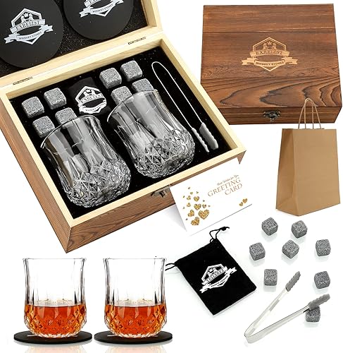 Juego de caja de regalo con piedras y vaso para whisky, 8rocas enfriadoras de granito para whisky + 2vasos en caja de madera, regalo para hombres,