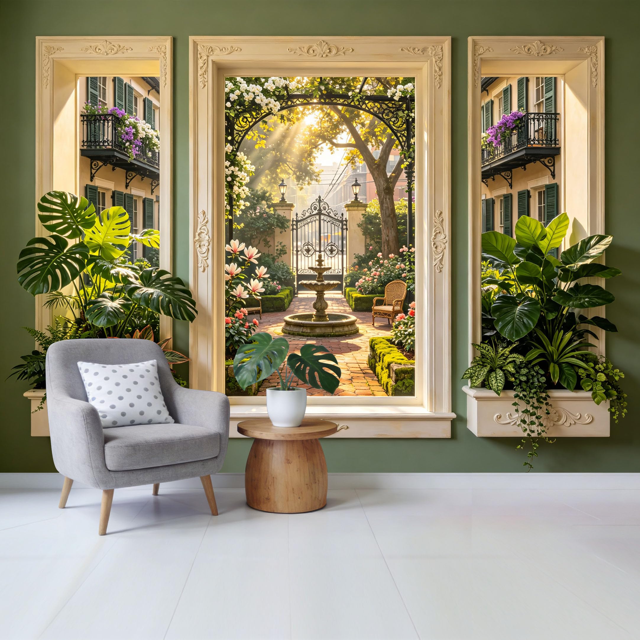 Custom Size Wall Mural Elegant Courtyard Garden Fountain View Botanical Architecture Removable Self Adhesive Fabric Home Wall Decor for Living Room Bedroom Bathroom