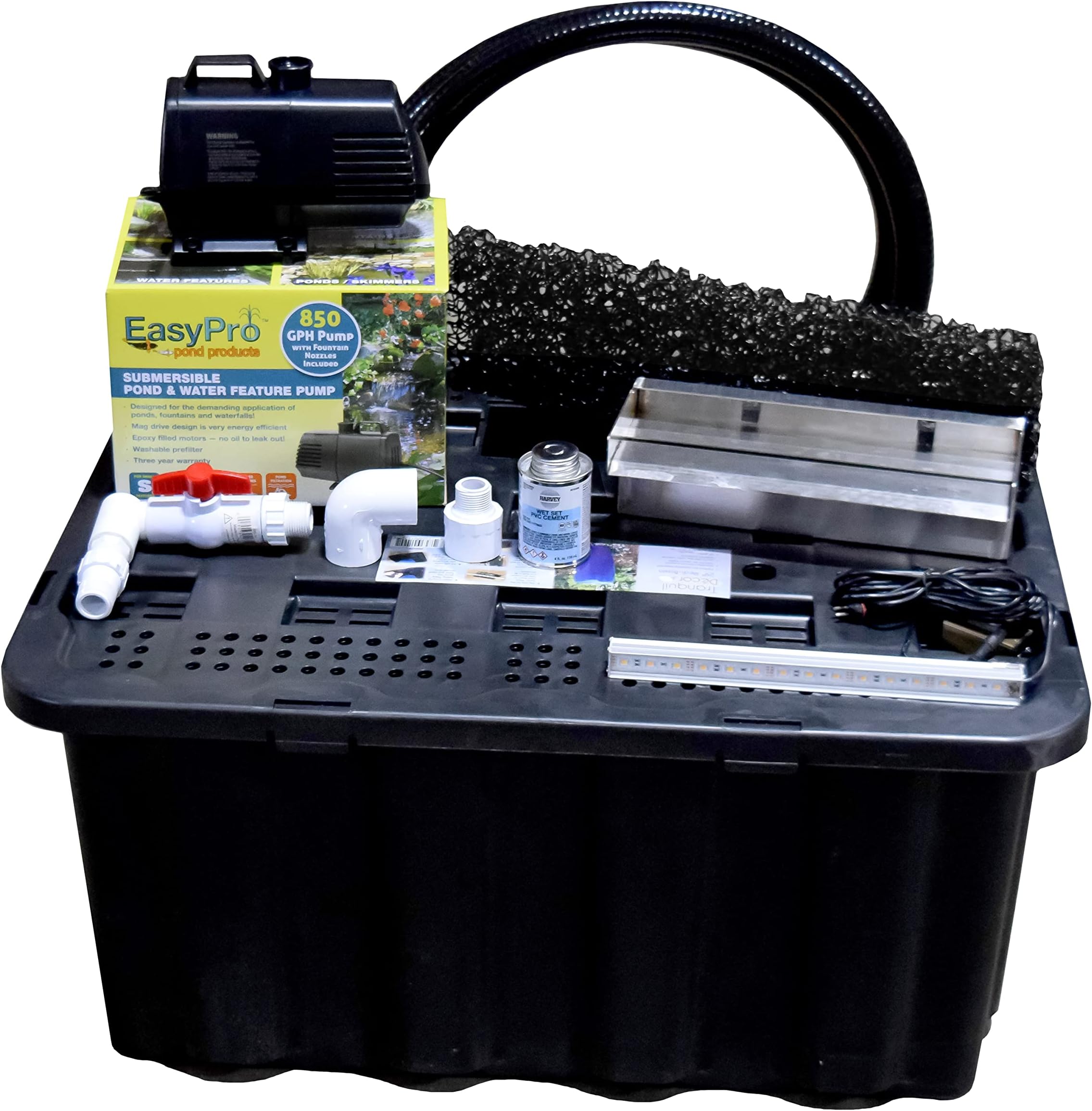 EasyPro Pond Products HB11KB Vianti Falls Kit Add a Waterfall to Any Block Wall - 11 ½” Stainless Steel Spillway w/Blue LED Light Strip, Basin, Plumbing, and EP850 Pump with 3 Year Warranty