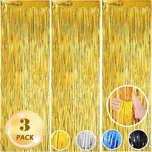 AIBIIN 3 cortinas de papel de aluminio de 3.3 x 6.6 pies, cortinas de flecos de oropel metálico dorado dorado para fiesta de cumpleaños, boda, baby