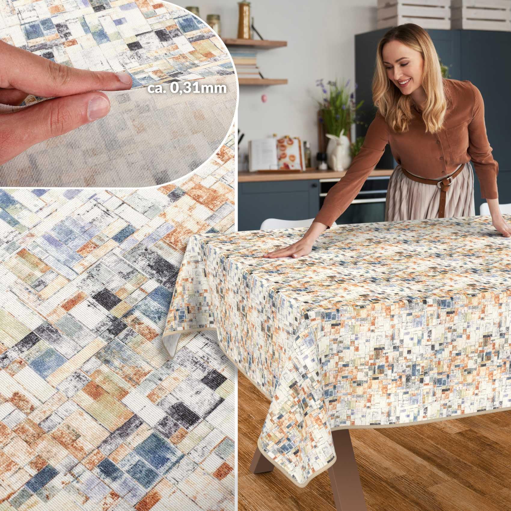 ANRO Mantel Antimanchas Mosaico Madera con Dobladillo 240x140 cm