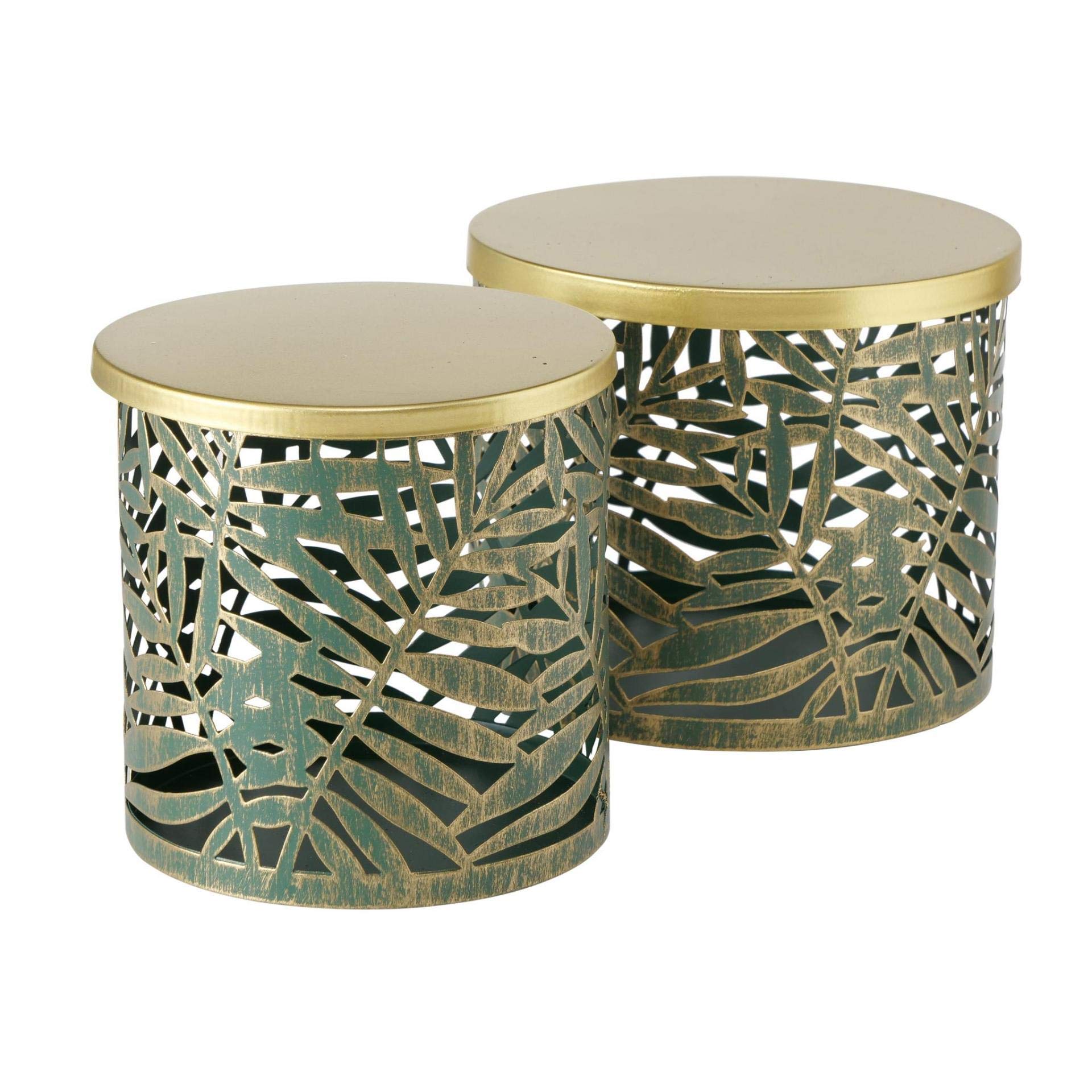 Metal Storage Jars Collection Box Set of 2 Assorted Green / Gold Palm Leaf Ornaments H12 D12-15 cm