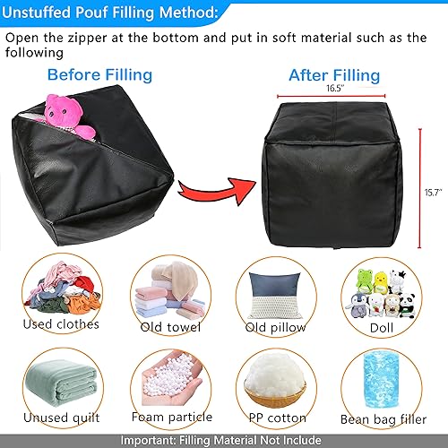 Miniatura 3 de Thgonwid Unstuffed - Puf cuadrado hecho a mano, funda otomana de piel sintética, taburete cuadrado de almacenamiento, dormitorio y sala de estar,