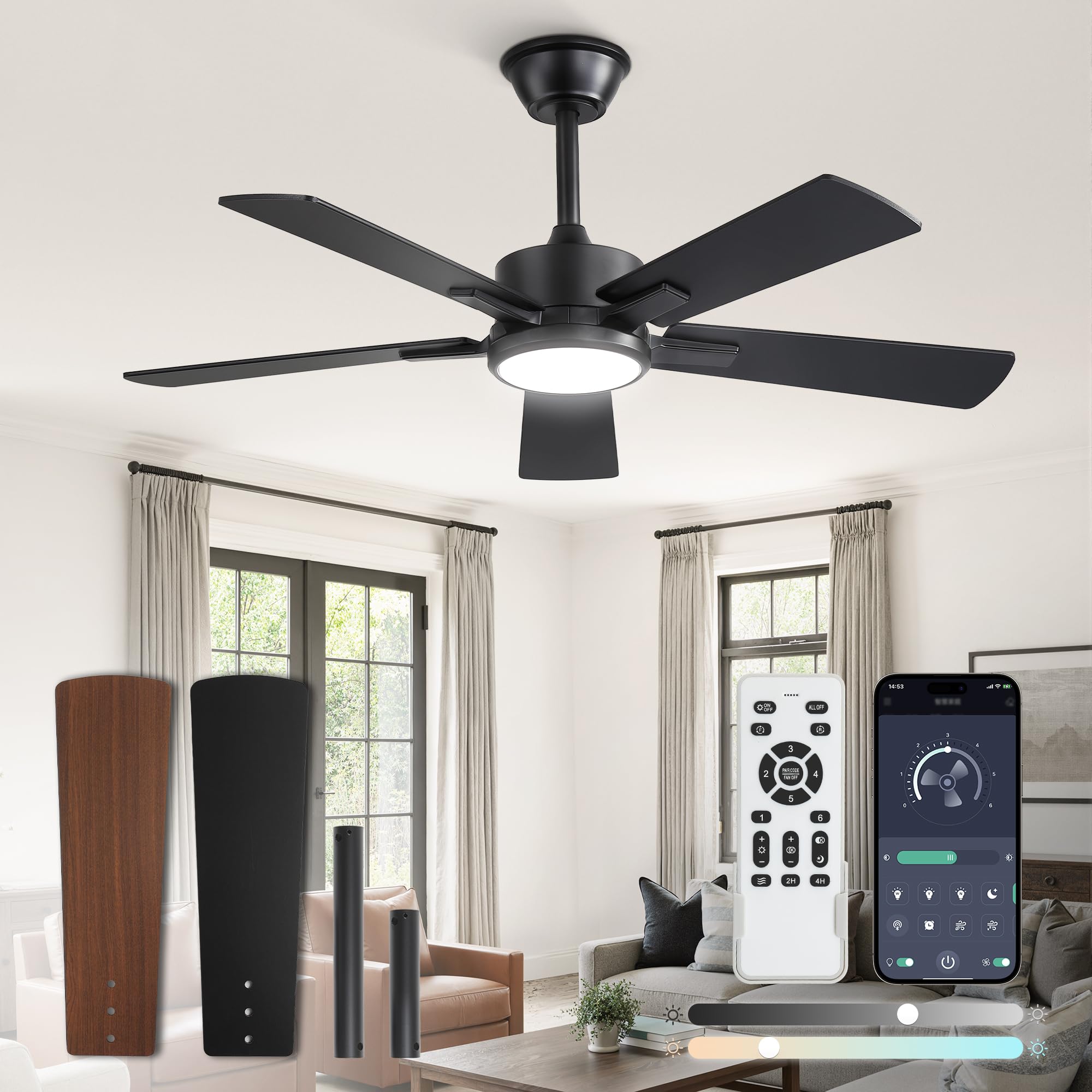 Photo 1 of **NON-FUNCTIONAL** Fanbulous 42 Inch Ceiling Fans with Lights and Remote, Stepless Color Temperature Change & Dimmable 20W LED Ceiling Fan, 6 Speeds Reversible Quiet DC Motor for Bedroom, Living Room, Apartment,Black