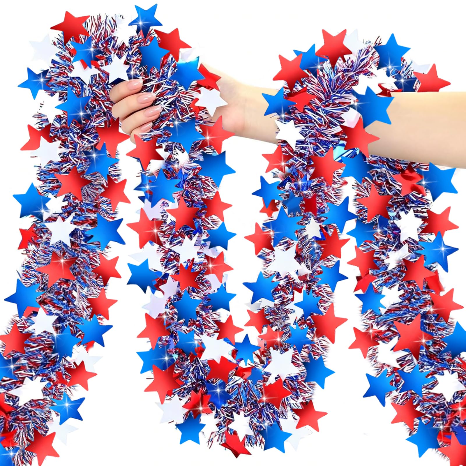 50FT 4th of July Garland Red White and Blue Tinsel Garland Patriotic Star Garlands for Red White and Blue Memorial Day Decor Independence Day 4th of July Decorations