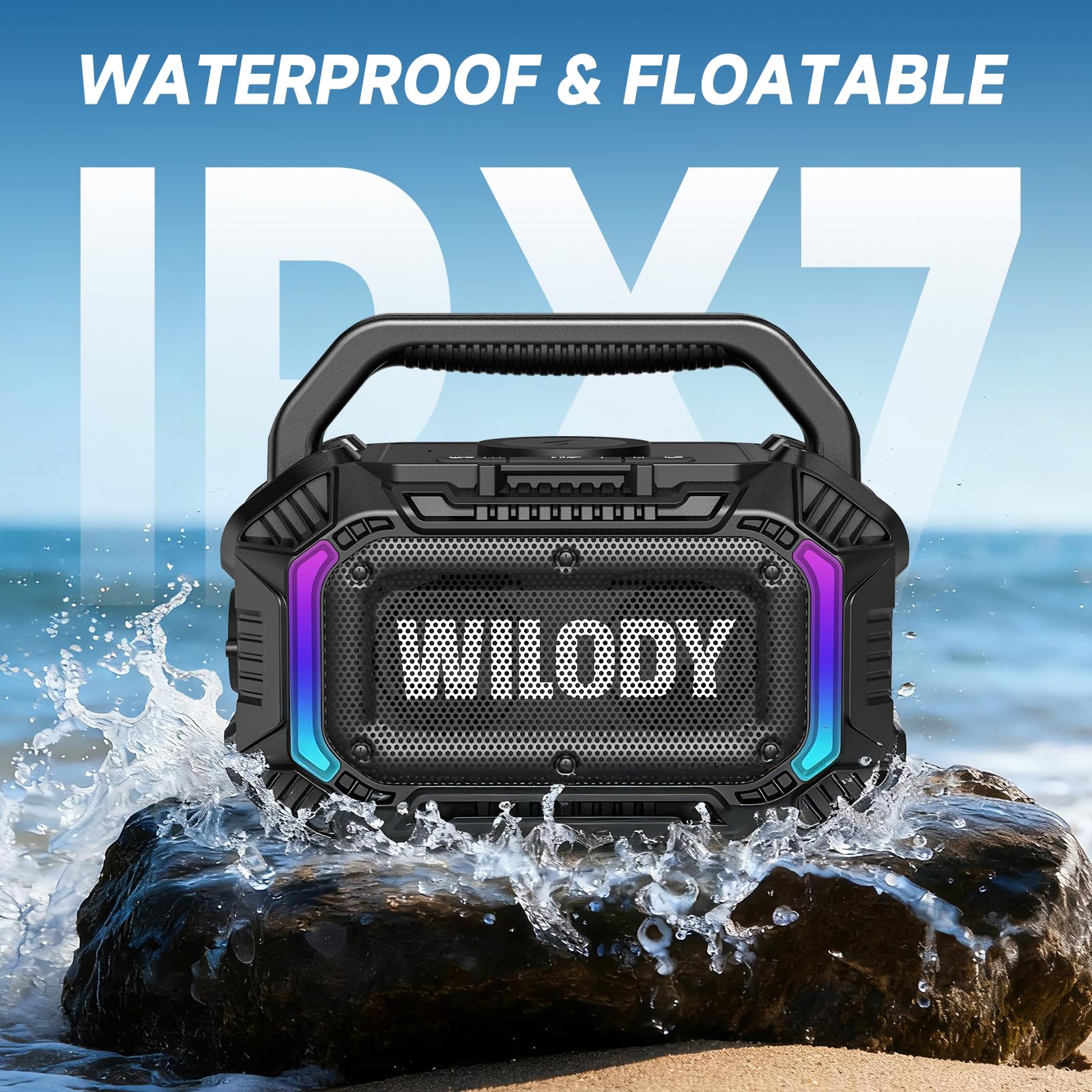 Wilody Bluetooth Lautsprecher Groß,100W Outdoor Tragbarer Lautsprecher with Bass,Musikbox Soundbox Bluetooth IPX7 Wasserdicht & Schwimmt,Drahtloses Laden,20h Akku,LED-Licht,Type-C,BT,Schwarz