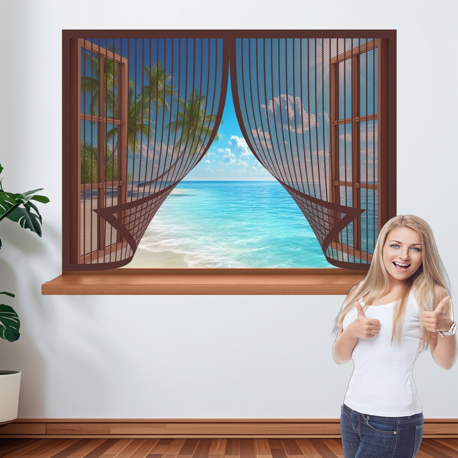 Magnetic Window Fly Screen 145 x 124 cm Easy Installation Fly Net for Windows Durable & Easy to Maintain Fitted to Multiple Windows, Brown