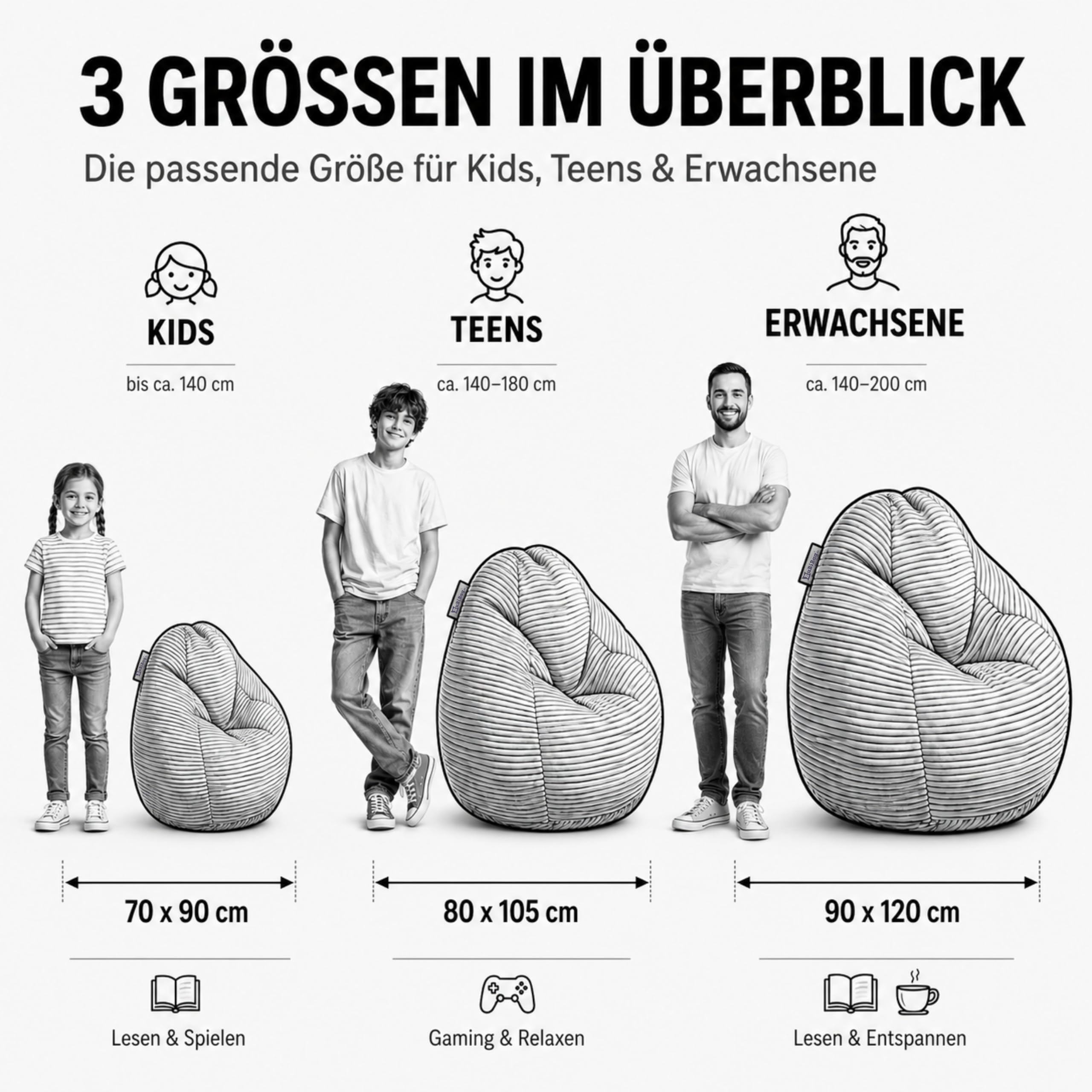 BuBiBag Sitzsack Cord fertig befüllt Öko-Tex X-Large 80x105 cm Indoor Gaming Sessel Bean Bag für Jugendliche & Erwachsene Olive