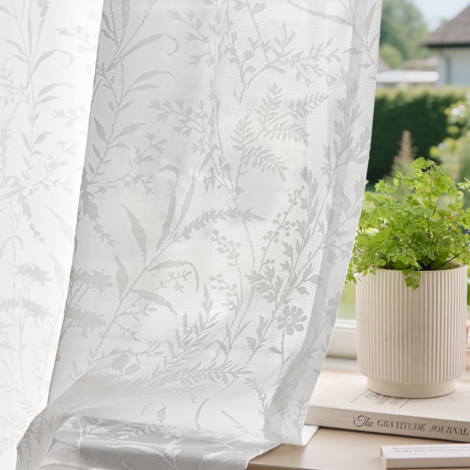 Anmao White Semi Sheer Light Filtering Curtains 54 Inches Long 2 Panels, Leaf Pattern Drapes for Living Room Bedroom, Rod Pocket Sheer Window