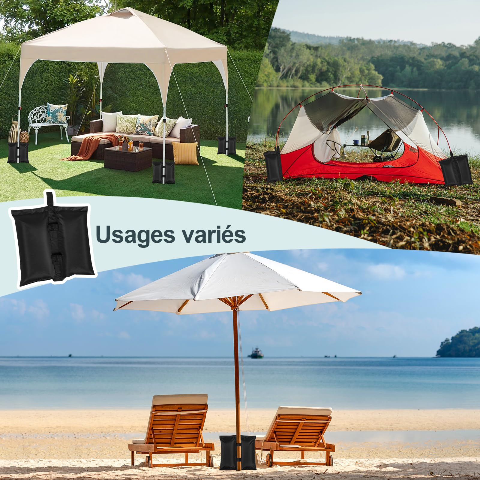 WOLTU Sacs de Sable Lot de 4, Sacs de Poids pour Tonnelle, pour Tente, Parasol, Charge Maximale 7 kg, Noir