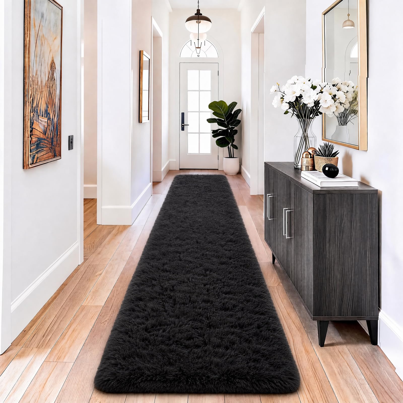 Ophanie 2x10 Runner Rug for Hallway, Upgrade Non-Slip Fluffy Soft Bedside Rugs, Bedroom Living Room Black Shaggy Black Carpet for Girls Boys Dorm Decor Aesthetic with Over 99 pcs Pile fibers