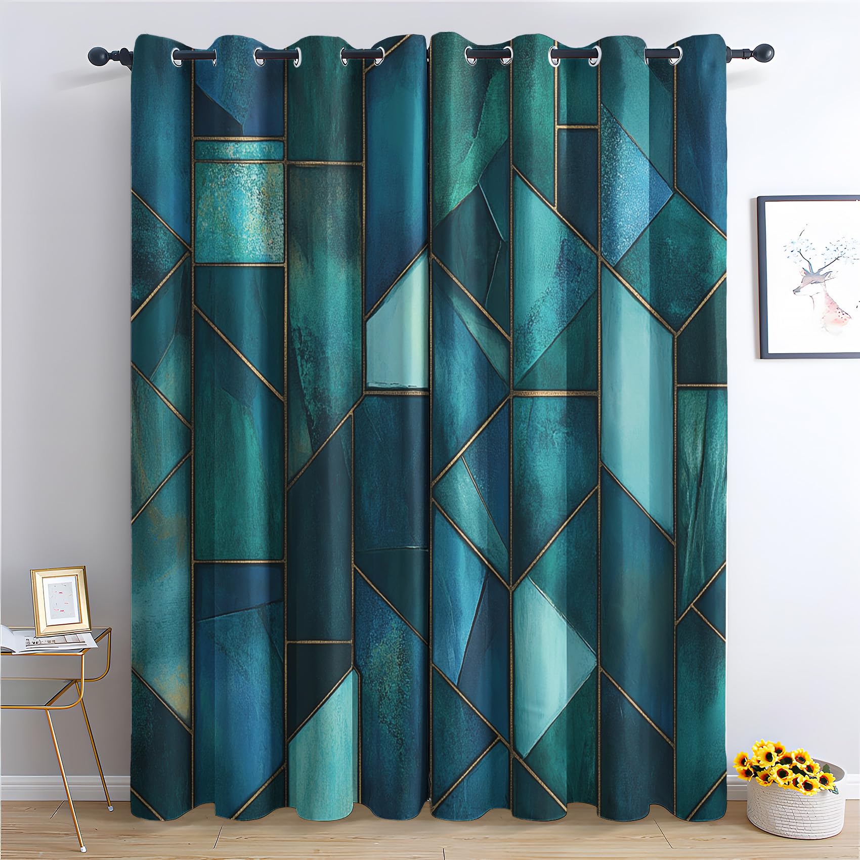 Geometric Blackout Curtains, Teal Modern Curtains for Bedroom Living Room, 72 Inch Drop Drapes, Eyelet Thermal Curtains, Window Treatments, 2 Panels