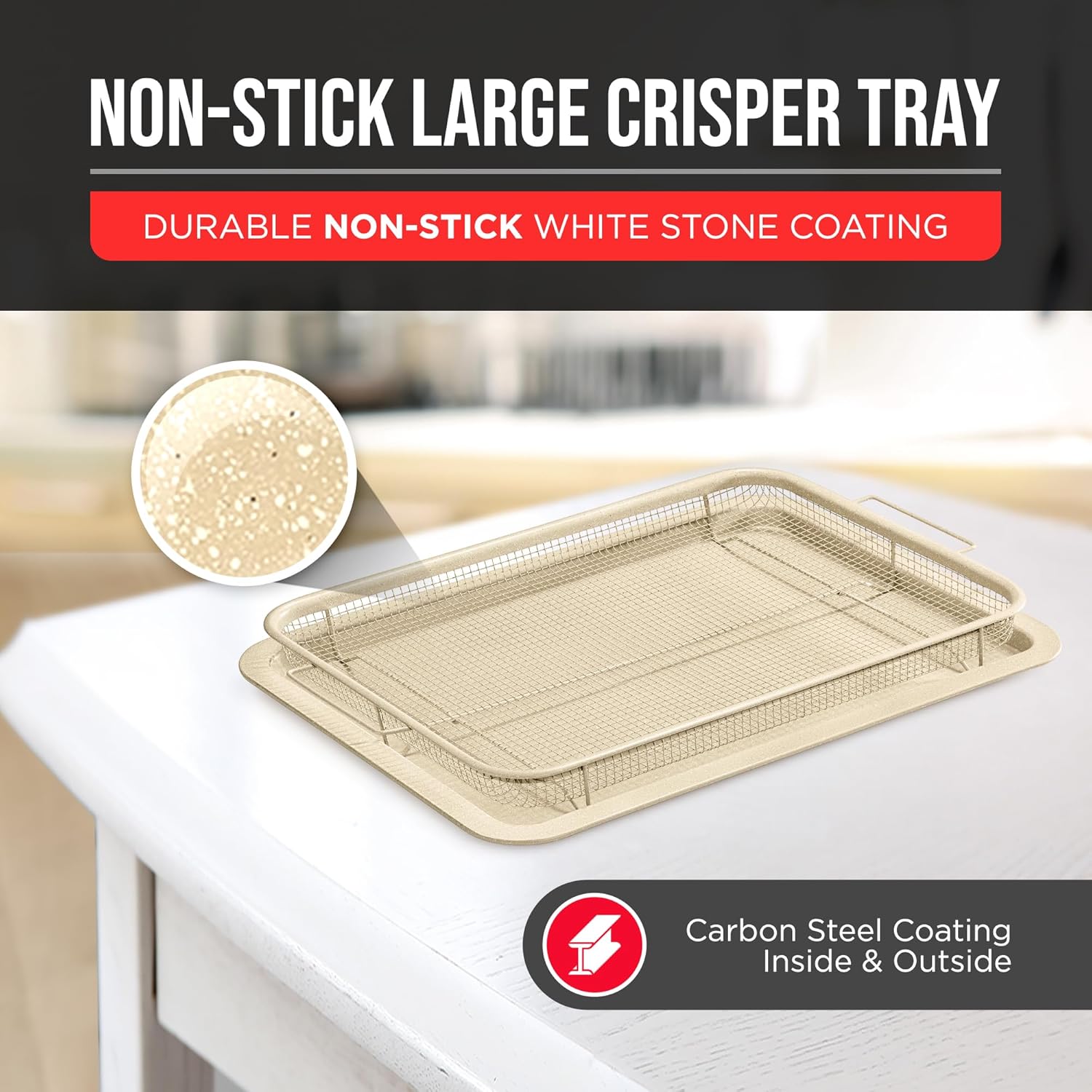 Bakken- Swiss Crisper Tray White marble Coating - 2-Piece Set, Non-Stick Basket Design for Healthier Cooking in Regular Ovens - Make Great Crispy Food, Bacon and More, Extra Large Size 19" x 13"
