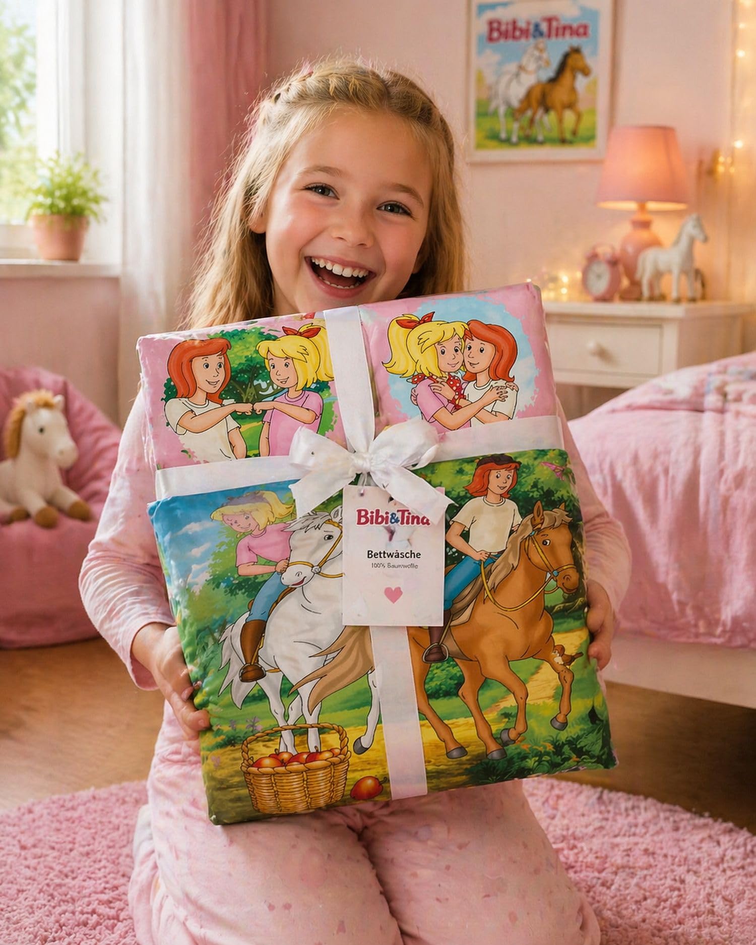 Bibi und Tina Bettwäsche 135x200 cm für Mädchen - 2-teiliges Set aus 100% Baumwolle inkl. Kissenbezug 80x80 cm - Pferdebettwäsche mit gratis Stoffbeutel - Wendemotiv