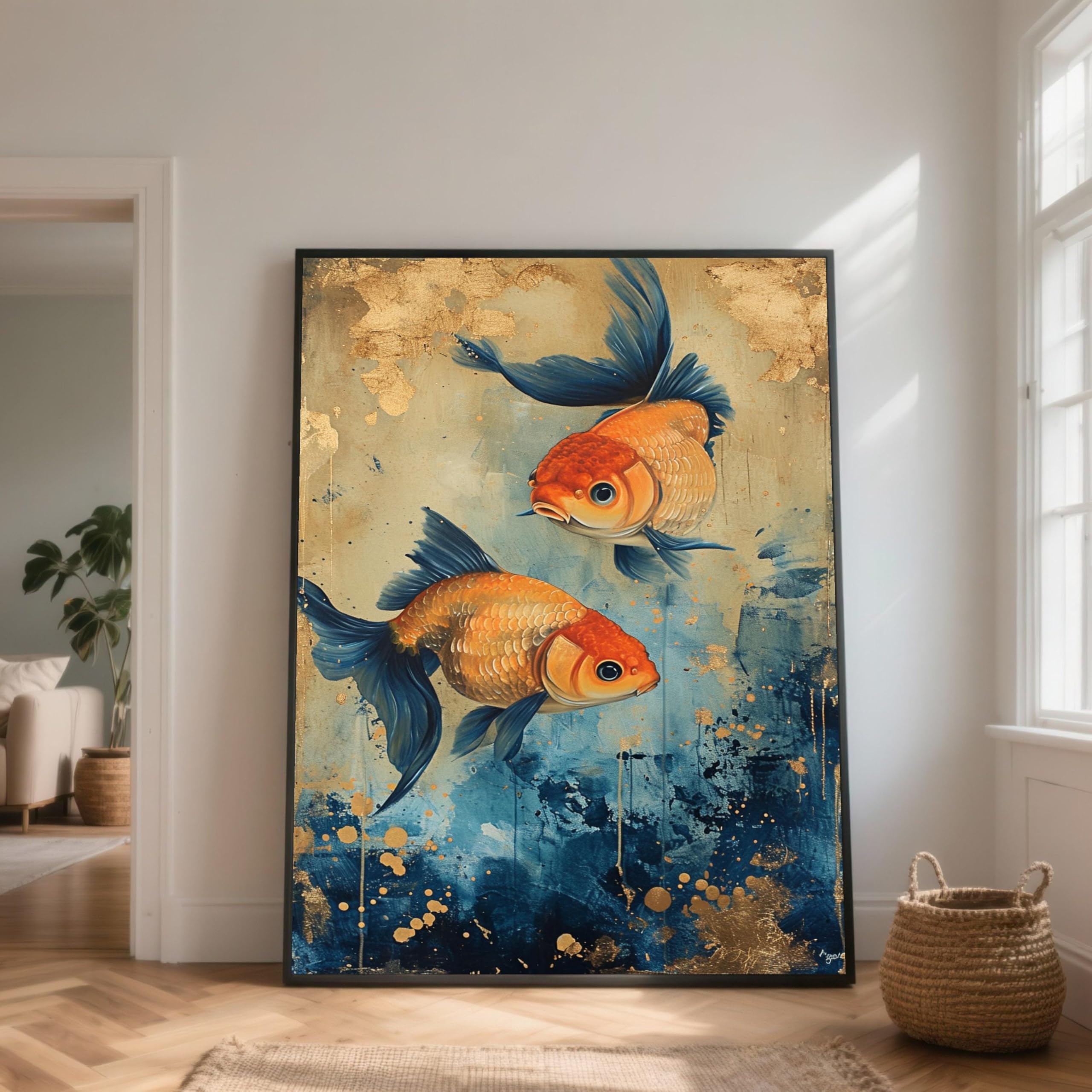 Tableau abstrait poissons rouges bleu et or 20x30cm - 8