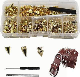100pcs Jacket Cone Spikes Punk Studs + Hole Punch + Screwdriver, Quarter Inch 7mm Diameter Golden Punk Screw Cone Spike for Clothing, DIY, Leather, Crafts