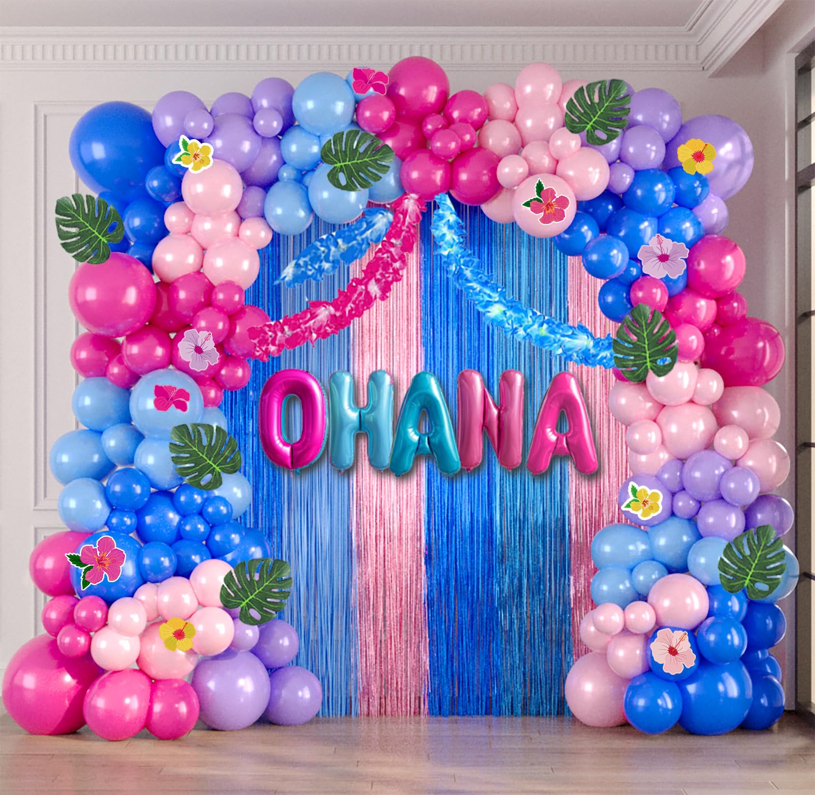 Blue pink purple Balloon Garland Kit with Ohana balloons Fringe Curtain Hawaiian leis Flower Card Sticker for Summer Tropical aloha cartoon birthday party gender reveal Baby shower decorations