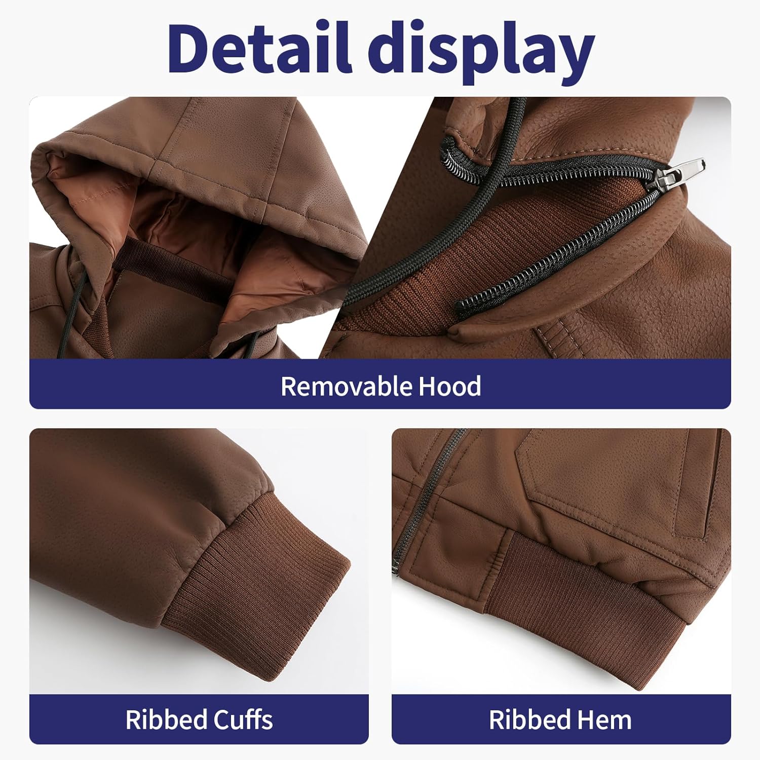 UNTMENU Leather Jackets for Men,Stand Collar Zip Up Motorcycle Biker Bomber Jacket With Removable Hood - Image 2