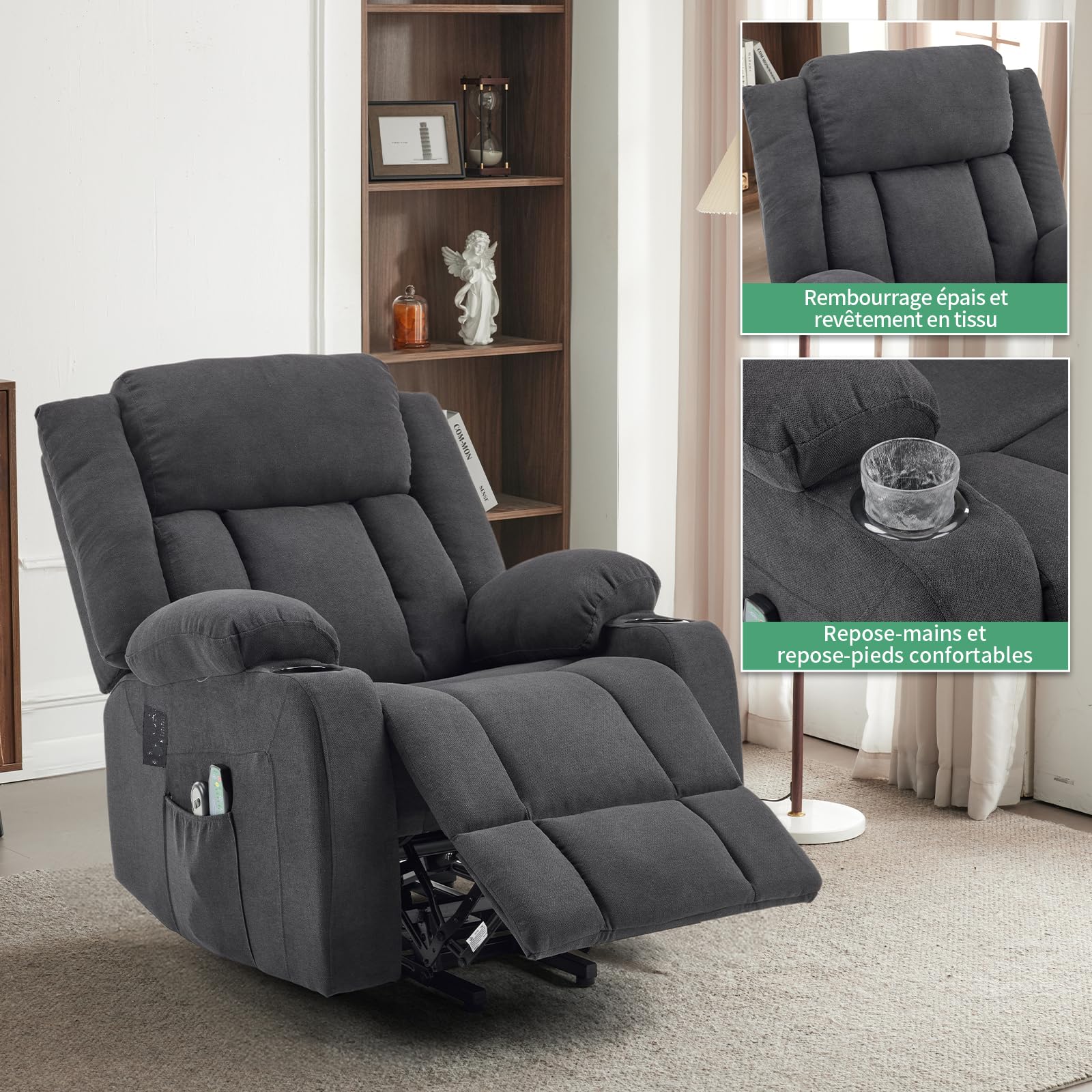 LEADZM Sillón Relax Reclinable Eléctrico Levanta Personas, Sillón Elevador, con función de Masaje por vibración y calefacción Negro
