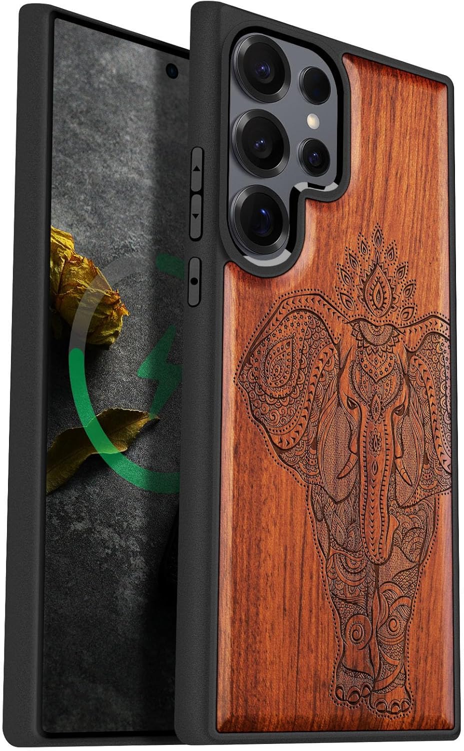 Carveit Magnetic Wooden Case for Samsung Galaxy S25 Ultra Case 2025, TPU Shockproof Cover & Wood Artisan Engraved, Compatible with MagSafe Wireless Chargers (Leafy Tree) Rosy