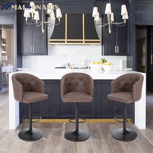 Miniatura 4 de Maison Arts Taburete de bar giratorio ajustable, marrón, marco de metal, asiento de piel sintética