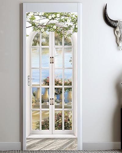 Miniatura 4 de FLFK Adhesivo mural para puerta, ventana blanca realista, despegar y pegar, tamaño combinado 32 x 80 pulgadas, dividido en 2 piezas