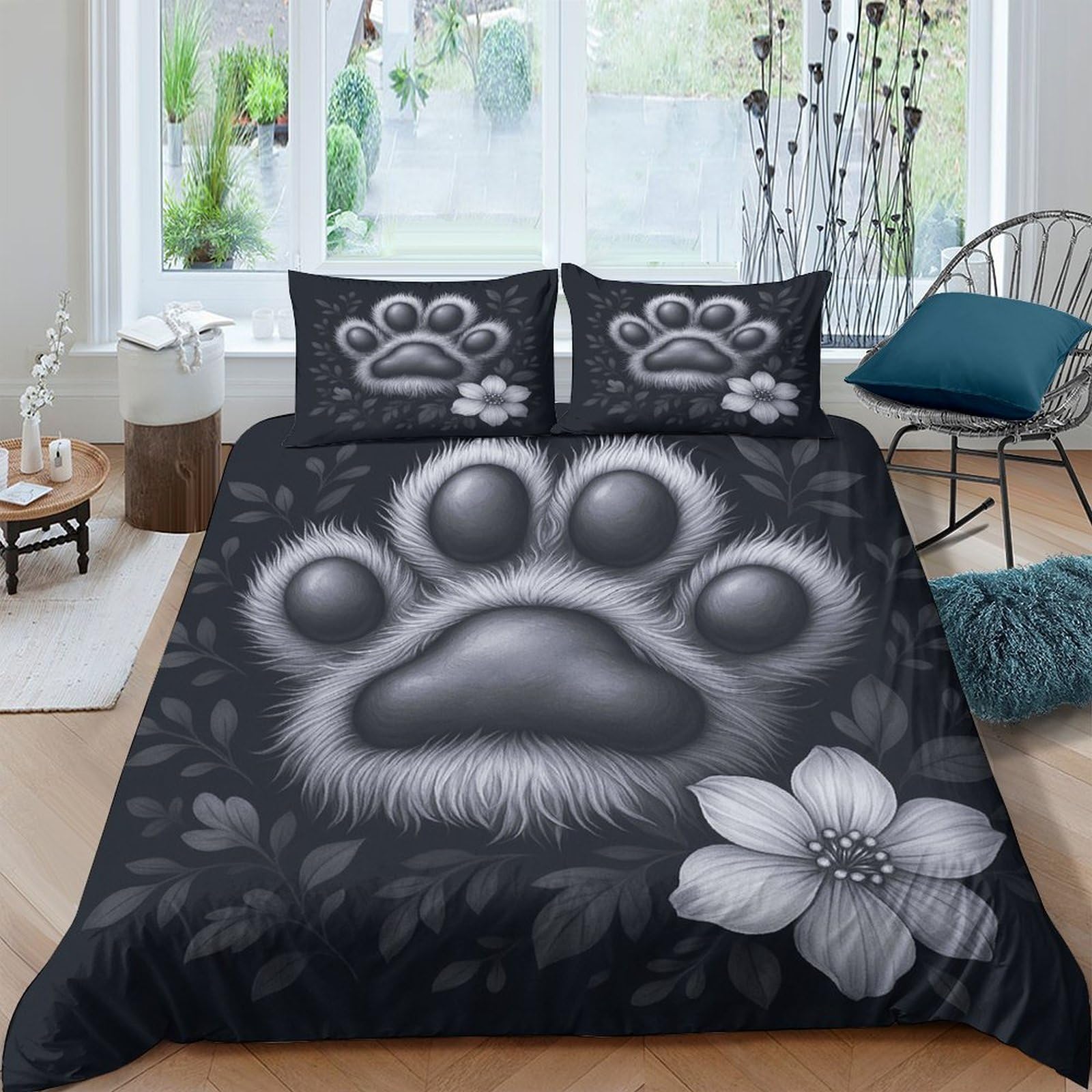 GPLZQXKJNH 3D Printed Paw Print Duvet Cover Set Microfiber Soft Breathable Floral Bedding Set with 2 Pillowcases for Bedroom Decor Single（135x200cm）