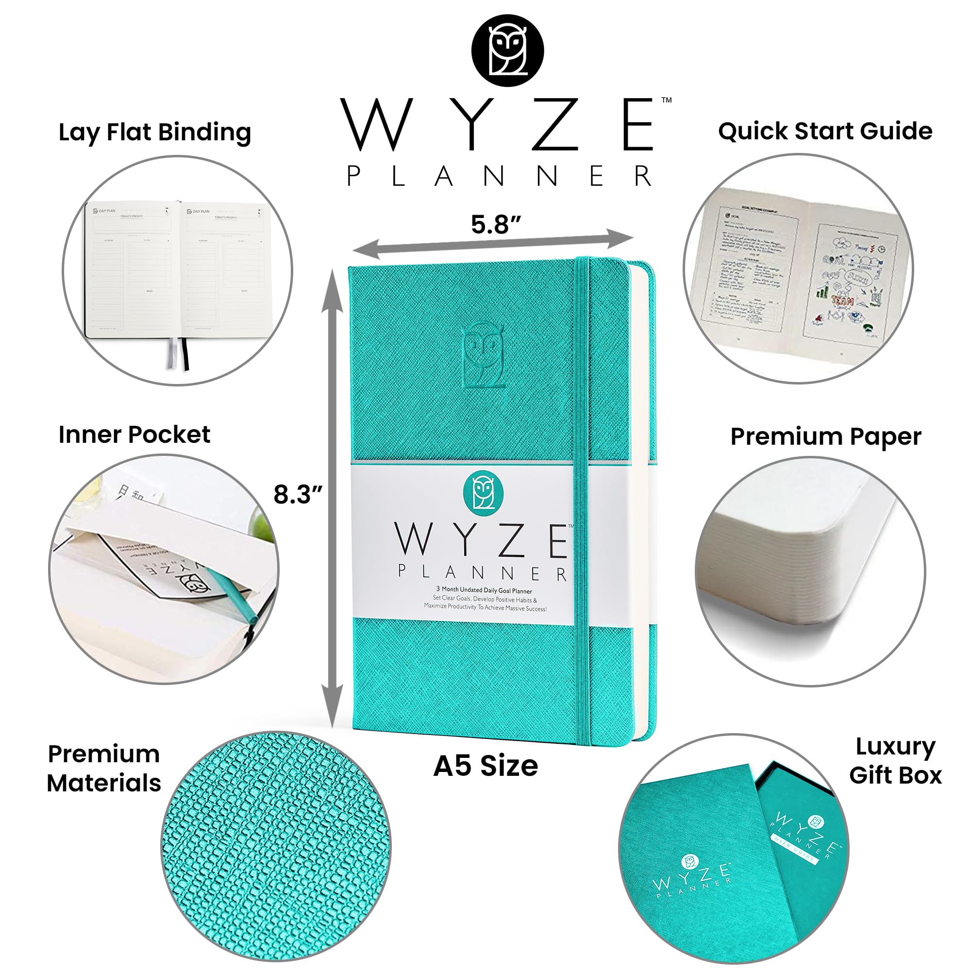 Wyze Planner Agenda giornaliera non datata, organizer per la produttività di 3 mesi, formato A5, con pagina intera al giorno, programma orario, impostazione obiettivi, tracker abitudini, pagine