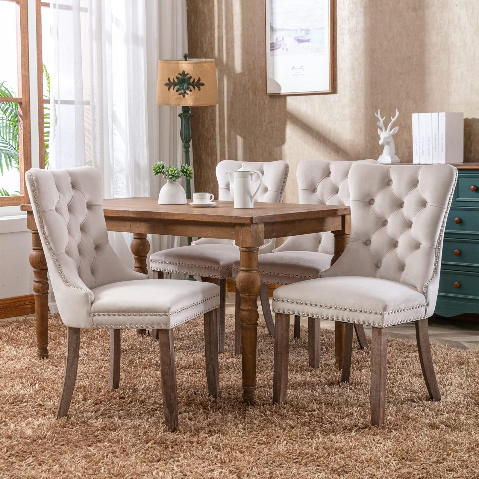 Luxury Velvet Kitchen Dining Chairs Set of 4 Upholstered Knocker Wing Back Accent Office Chairs with Oak Wood Legs for Dining Room Bedroom, Hand Made (4, Beige)