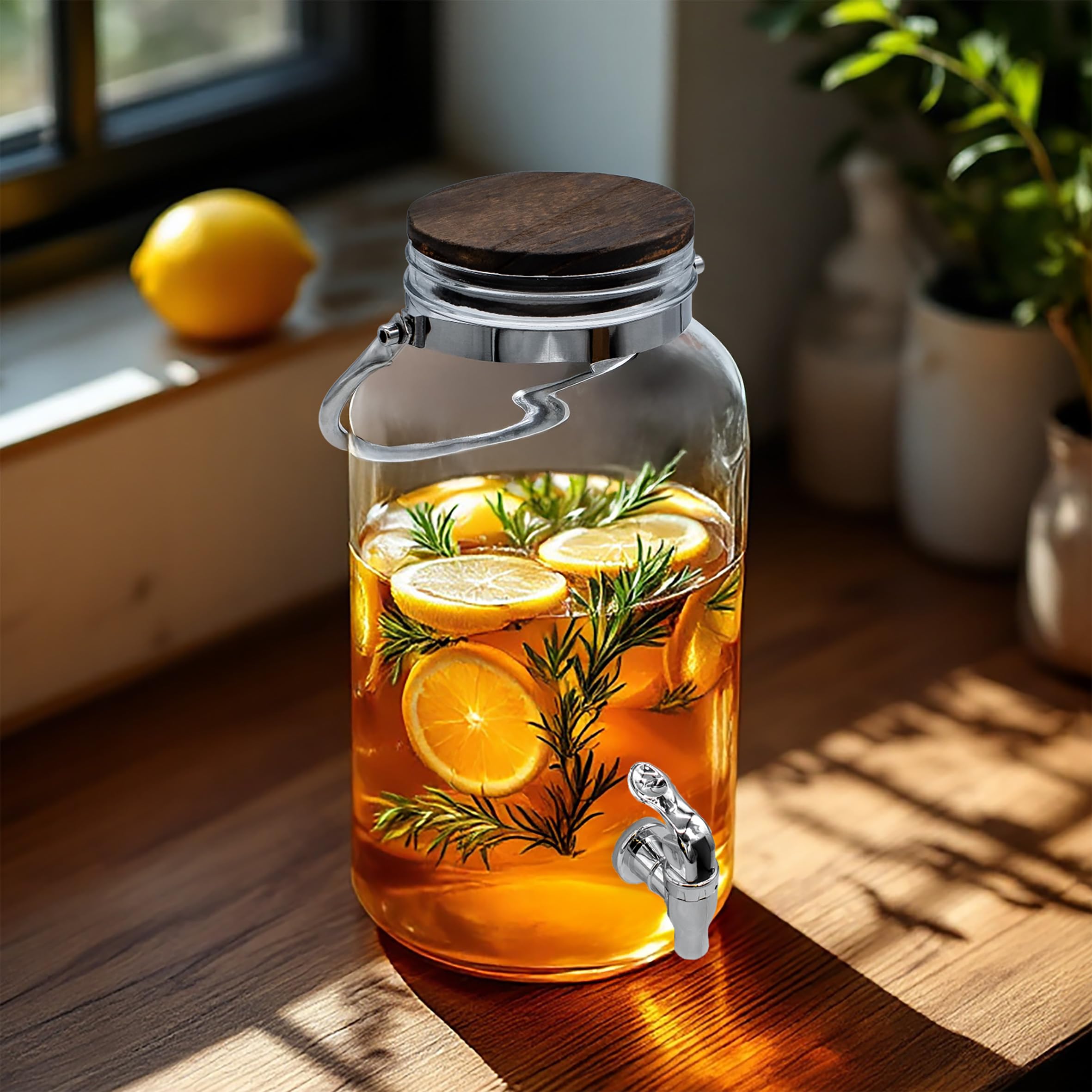 Getränkespender mit Zapfhahn und luftdichtem Holzdeckel - 6 Liter - Glas Wasserspender mit Tragegriff aus Metall - Wasser Saft Limonade Getränke Spender Dispenser