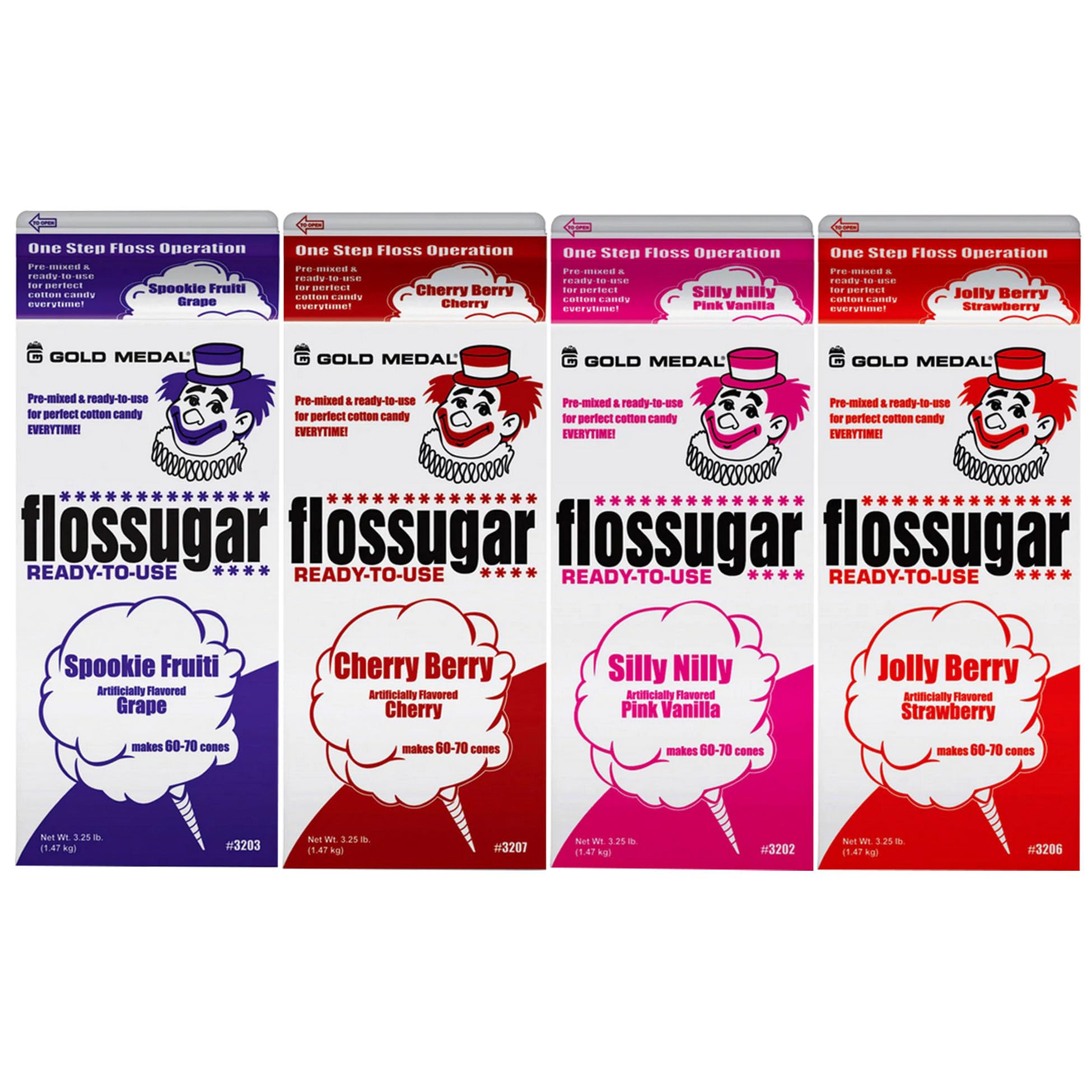 Cotton Candy Floss sugar Mix Flavors | Pack Of 4 | Grape, Cherry, Silly Nilly and Strawberry Flavors | 1/2 Gallon Cartons