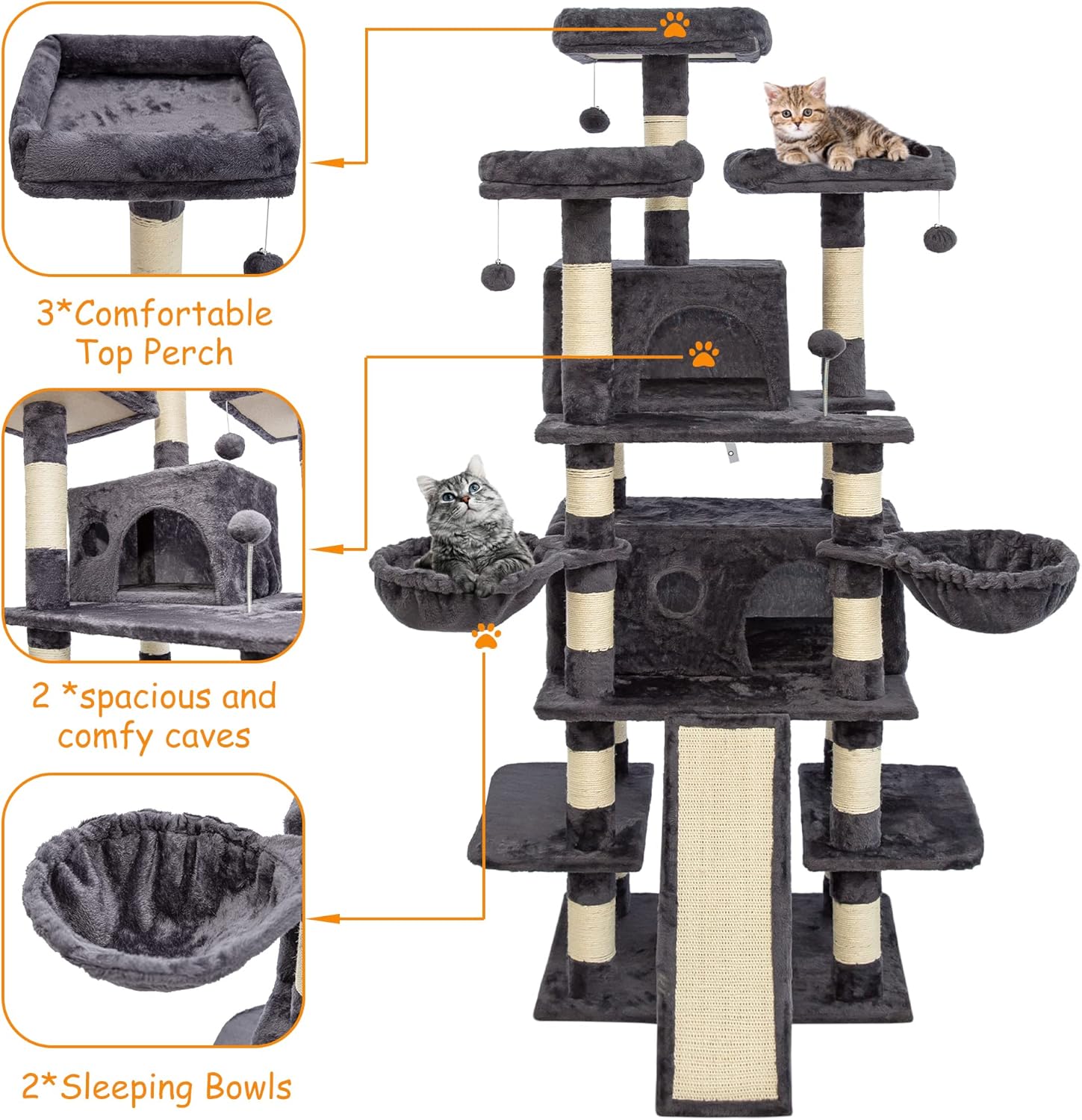 review 68 Inches Multi-Level Big Cat Tree, Multi-Level Cat Tower for Indoor Cats, Cat trees and towers for large cats with Sisal Scratching Posts/Cat Hanging Basket&Cat Hair Brush/Big Cat Condo/Plush Perch.